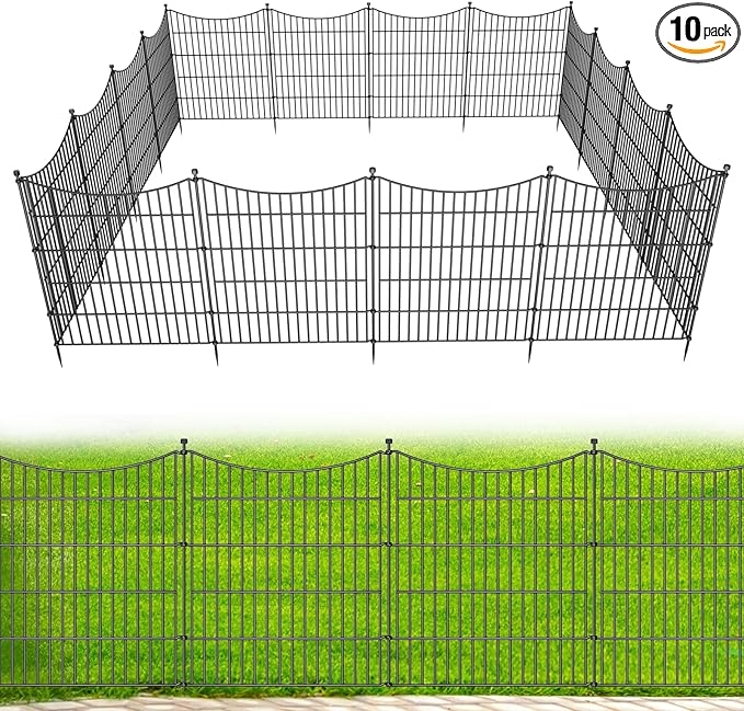10 Panels No Dig Dog Fence Outdoor for Yard, 32 in(H) X 23.6 ft(L) Decorative Tall Garden Fence Animal Barrier, Rustproof Metal Wire Garden Edging and Borders, Temporary Fencing Stakes