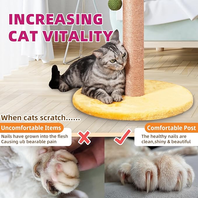 Scratching Post 33 inch Tall for Indoor Cats with Sisal Rope, Scratcher for Cute Kitten, Yellow