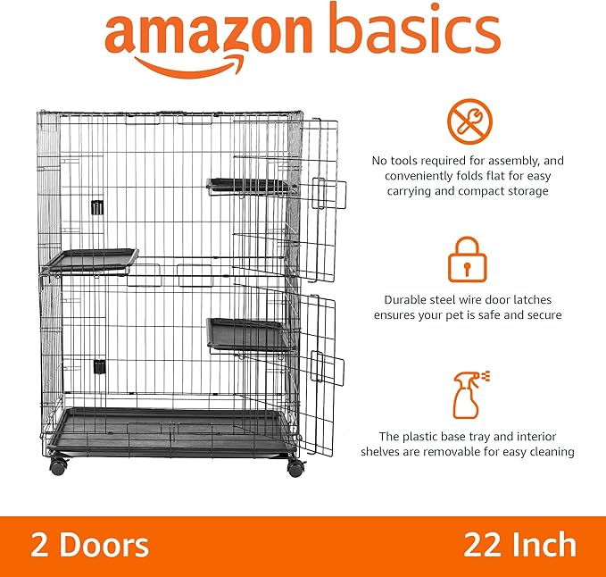 Amazon Basics Large 3-Tier Cat Cage Playpen with Easy to Clean Removable Tray, Front Doors, Portable, Foldable, 35.8" x 22.4" x 50.6", Black