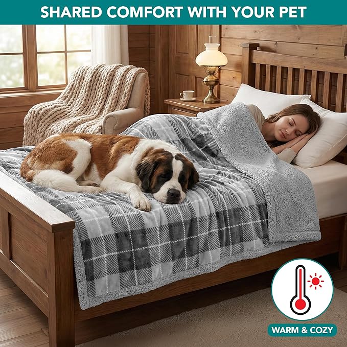 PetAmi Waterproof Dog Blanket for Medium Large Dog Puppy Cat Throw for Couch Cover Leakproof Protection, Sherpa Fleece, Reversible Soft Washable 60x40 Plaid Charcoal Gray