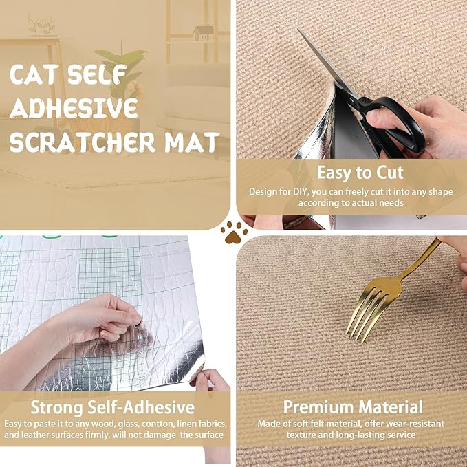 Climbing Cat Scratcher Mat Trimmable Cat Scratching Post Carpet 39.3’’x15.8’’ Self Adhesive Carpet Mat Pad Replacement for Cat Tree Shelves Post Couch Wall Furniture Steps DIY Protector (Beige)