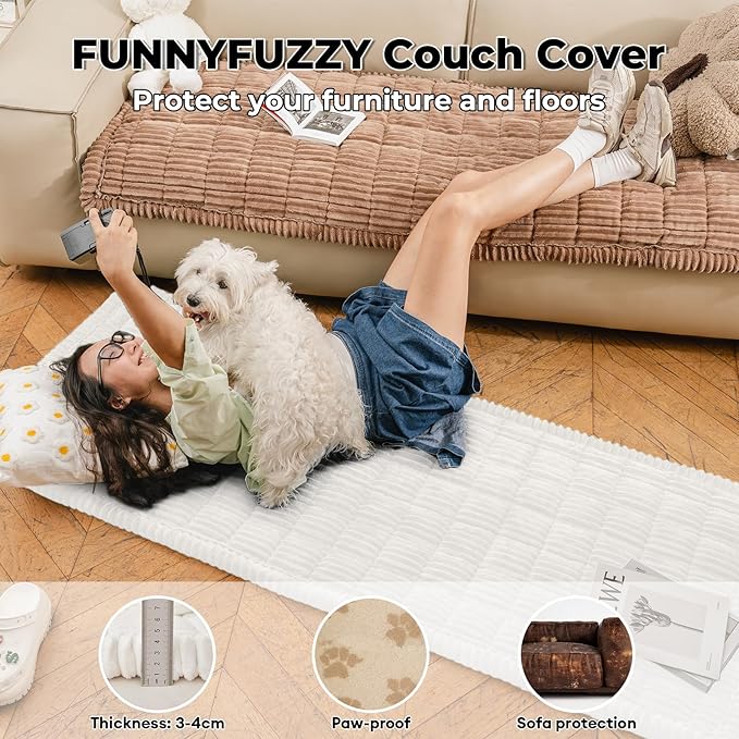 FUNNY FUZZY Pet Couch Covers for Sofa, Washable Dog Couch Cover Protector for Dogs, Flannel Couch Covers for Dogs Pet Friendly Pets Mat Bed Sofa Cover (White, 27.6"×70.9")