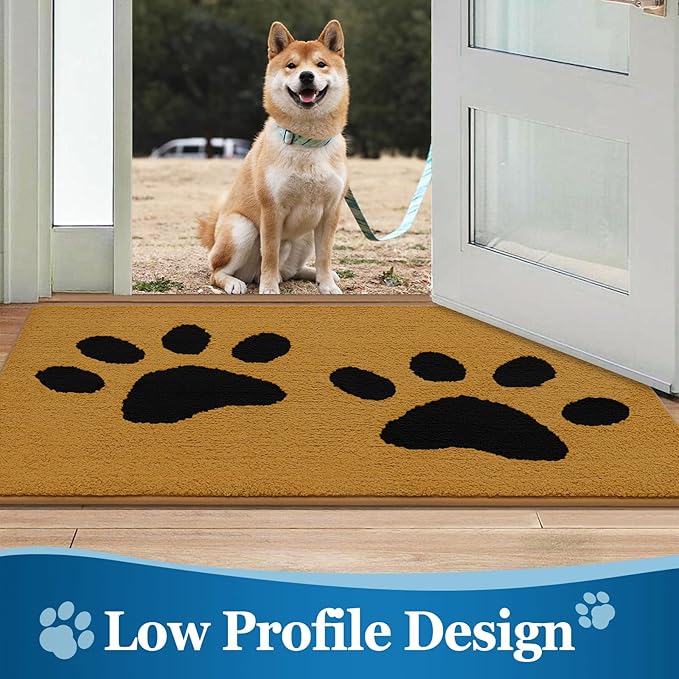 Buganda Dog Door Mat for Muddy Paws, Absorbent Dirt Trapper Washable Indoor Doormats, Non Slip Low-Profile Mud Mat for Dogs, Front Entrance Doormat for Inside Floor (30x20 Inches, Yellow and Black)