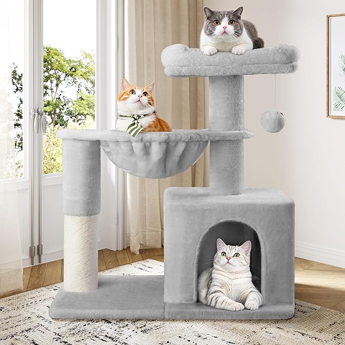 Allewie 29.5in Indoor Cat Tree, Multi-Level Cat Tower with Sisal Scratching Posts, Padded Perch, Basket, Condo, and Hanging Ball, Suitable for Kittens and Adult Felines, Grey