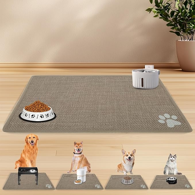 PUPTECK Dog Food Mat, Absorbent Pet Cat Feeding Mat for Food and Water Bowls, Anti-Slip Dog Placemat for Floors Waterproof, Pet Supplies Accessories, Khaki S