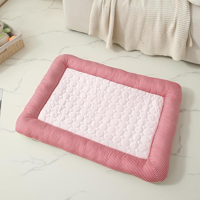 Cooling Dog Bed, Pet Mat with Quilted Design, Cooling Bed for Cats, Striped Border (Pink, Small)