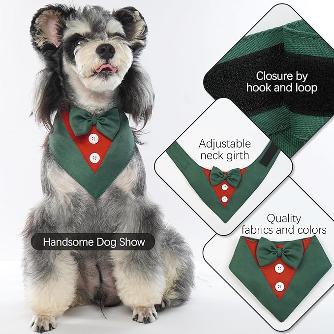 FUAMEY Dog Tuxedo Christmas for Small Dogs,Dog Formal Suit Dogs Attire Pet Bow Tie Puppy Party Costumes Cat Tux Outfits Pets Bandana Cosplay Adjustable Bowties Christmas Green Red XS