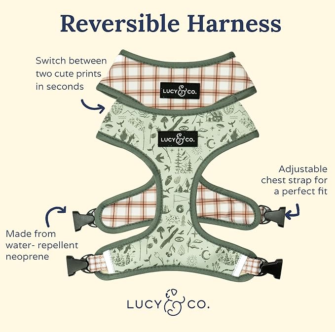 Lucy & Co. Cute Reversible Dog Harness Walking Halter - Best Designer Pet Harnesses for XS - XL Dogs - Padded Adjustable Vest for Easy Walking-X-Small-Green Outdoor Plaid