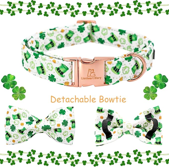 Lionheart glory Dog Bow Collar St. Patrick's Day Dog Collar for Medium Dogs, Adjustable Green Collars Lucky Clover Shamrock Dog Collar with Bowtie Pet Collar Bows