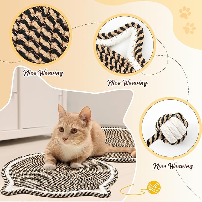 25.6 Inch Large Scratching Mat for Indoor Cats Natural Cotton Rope Flat Scratcher with Ear Hooks and Ball Toy Cat Scratch Rug Pad for Wall, Couch, Carpets, Sofas (Dark Brown)