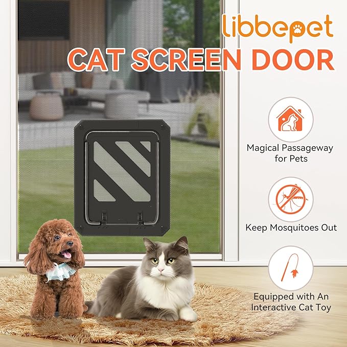 LIBBEPET Cat Door for Screen Door, Lockable Cat Screen Door for Cats & Small Dogs Up to 20 lbs, Magnetic Flap Opening 7 x 9 inches, Equipped with Interactive Cat Toy & Installation Tools, Black