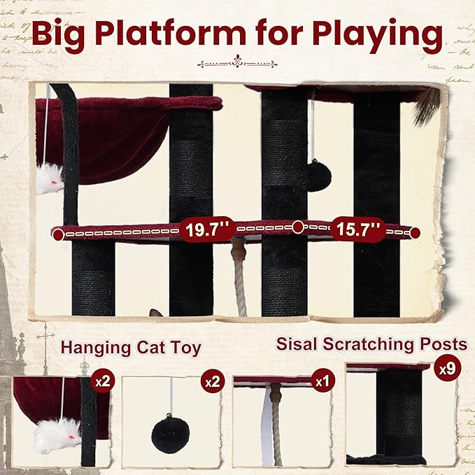Gothic Cat Tree, Cat Tower for Large Cats with 2 Big Platforms, 2 Baskets, condo and Toys, 63" Cat Scratching Posts for Indoor Cats, Black and red GCT020BR