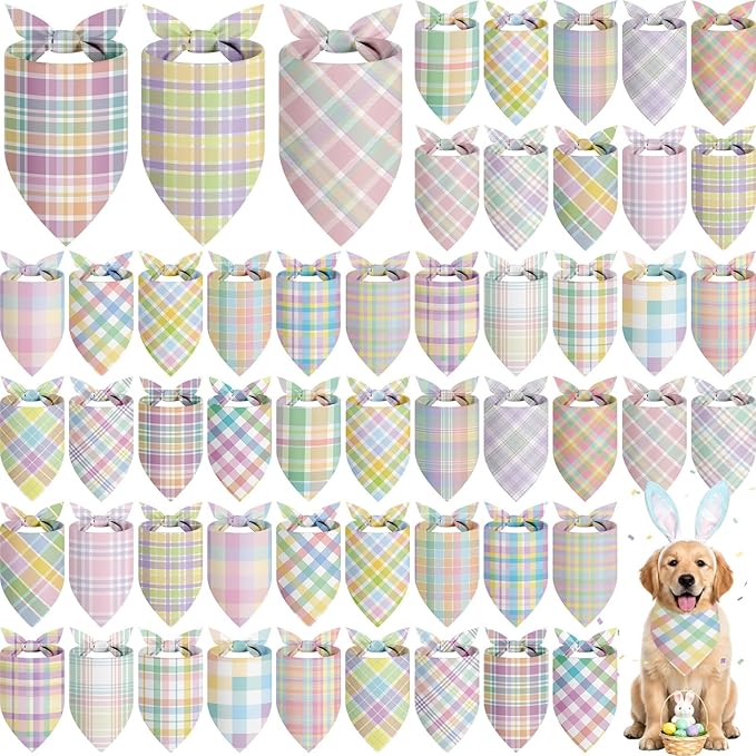 Abbylike 50 Pcs Easter Plaid Dog Bandanas Bulk Pastel Plaid Bandanas for Dogs Triangle Kerchief Bibs Scarf Set for Pet Easter Costume Photo Props Accessories Pet Shops, 25 Styles (25.6 x 17.7 x 17.7)