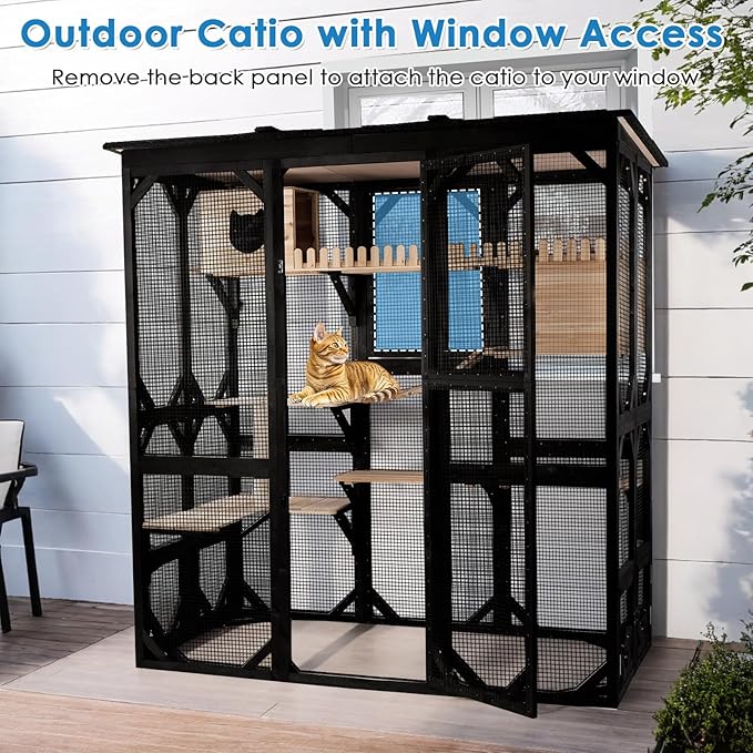 71.1" L Large Cat Catio Outdoor Cat Enclosure Window Acess, Walk-in Cat Cage Cat House for Multiple Indoor Outdoor Cats, Outside Patio 6 Doors Weatherproof Roof