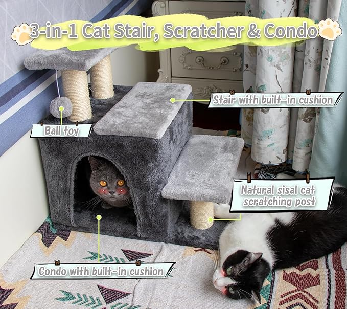 3-in-1 Pet Stairs for Cats for High Bed, Adjustable Dog Steps, Modular 3-Tier, Cushioned Steps & Cat Condo, Adjustable Entrance, Dangling Ball, for Kittens, Senior & Cats (Grey, Medium)