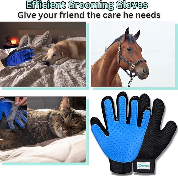 (1 Pair) Pet Hair Remover Gloves – Blue, Reusable Grooming Gloves for Dogs, Cats & Horses, Gentle Deshedding, Bathing & Massaging, Anti-Shedding Tool for Pet Hair Removal 1 Pair