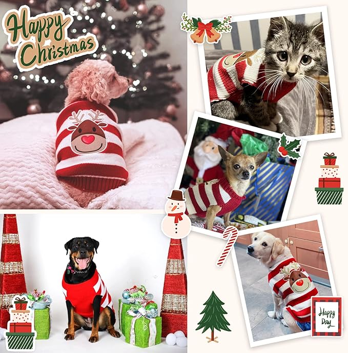 Dog Christmas Sweater Cute Striped Reindeer Xmas Pet Clothes Holiday Puppy Cat Costume New Year Gifts for Small Medium Large Dogs Jumpers (XL, Red White Stripe Reindeer)