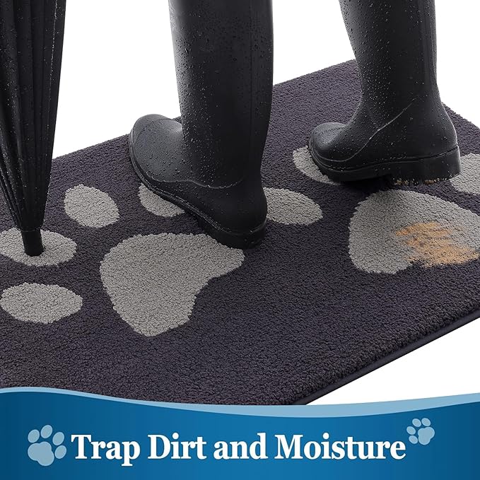 Buganda Dog Door Mat for Muddy Paws, Absorbent Dirt Trapper Washable Indoor Doormats, Non Slip Low-Profile Mud Mat for Dogs, Front Entrance Doormat for Inside Floor (48x30 Inches, Dark Grey)