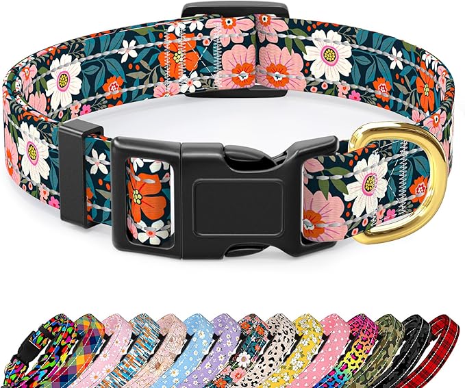 Reflective Dog Collar for Extra Small Dogs, Cute Flower Theme Adjustable Heavy-Duty Nylon Puppy Collar for Boy and Girl Female, Soft Pet Accessories with Quick Release Buckle, Elegant Floral