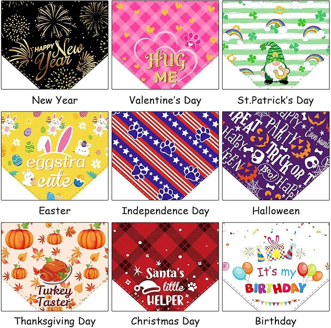 Weewooday 9 Pcs Holiday Dog Bandanas St' Patrick's Day Easter Bandanas Birthday Scarf Adjustable Large Pet Washable Scarves for Large Dog Supply(Fresh Pattern)