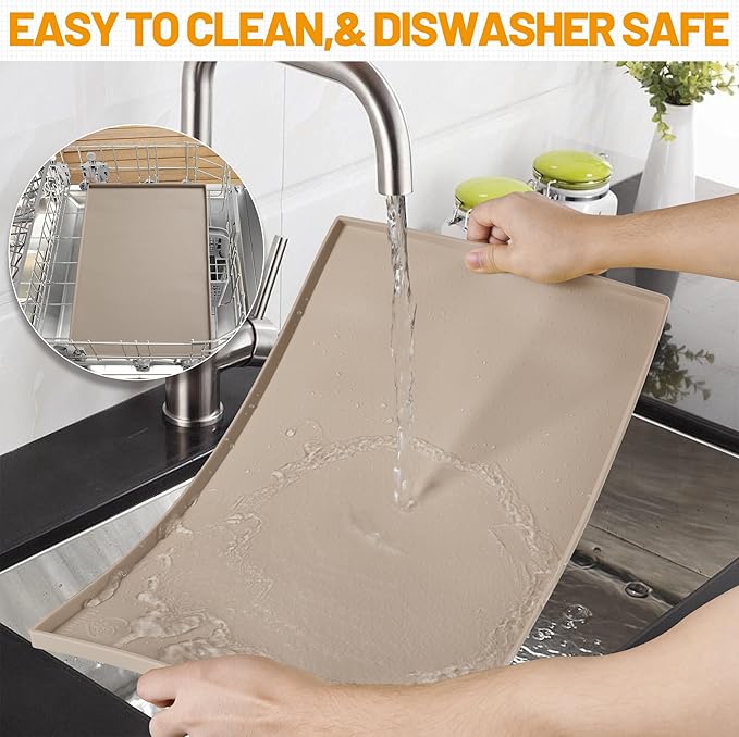 Hubulk Dog Feeding Mat,100% Waterproof Food Grade Silicone Pet Food and Water Bowl Placemat,Dishwasher, High Raised Edge to Prevent Spills,Nonslip Tray to Stop Messes on Floor（24"x16"x0.5", Taupe）