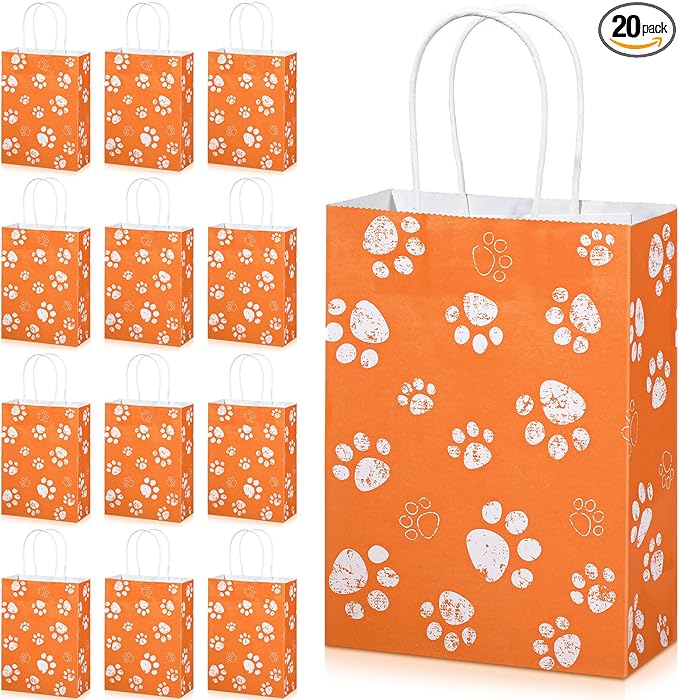 Blulu 20 Pcs Puppy Dog Paw Gift Bags with Paper Twist Handles, Dog Gift Paper Paw Treat Goodie Bags for PET Treat Party Favor, 6.3 x 3.1 x 8.6 Inch(Orange Backing)