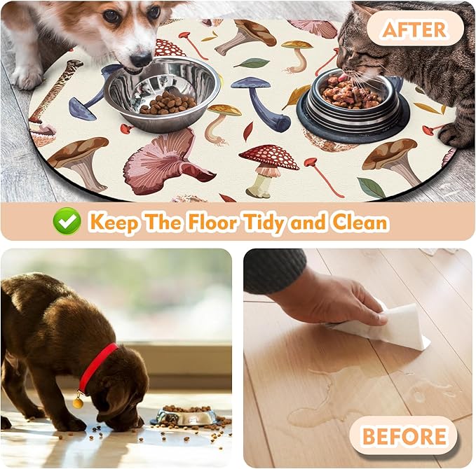 24''x16'' Absorbent Dog Food Mat, No Stains Quick Dry Pet Water Mat Protect Floor, Cat Dog Water Bowl Mat for Messy Drinkers, Non-Slip Rubber Base Pet Placemats for Food and Water, Mushroom
