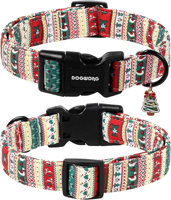 DOGWONG Christma Dog Collar, Classic Cute Red Green Christmas Tree Dog Collar for Boy and Girl Dogs, Strong Plastic Buckle Dog Collars for Small Medium Dogs,M