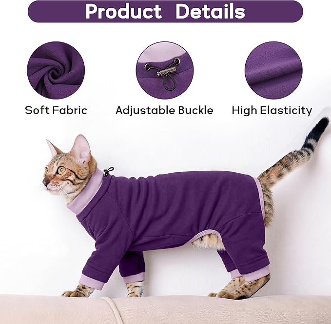 PUMYPOREITY Cat Recovery Suit, Stops Wound Licking After Surgery, Sticky Hair Shirt with Sticky Fabric, Cat Pajamas Prevents Over-Grooming, Purple, XS