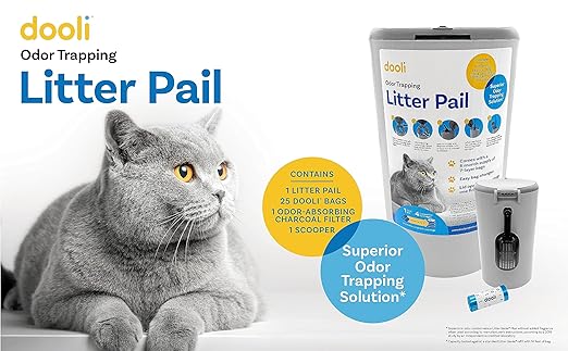 Odor Trapping Litter Pail – Odorless Cat Litter Pail with Lid & 6 Month Supply of Refill Bags and Scooper– One-Finger Tap Lid Opening