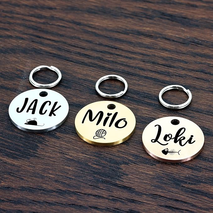 Ultra Joys Cat ID Tag Personalized Pet Tags, Durable Stainless Steel Small Pet Mini Dog Cat Tag Lightweight -Round Tag in Rose Gold
