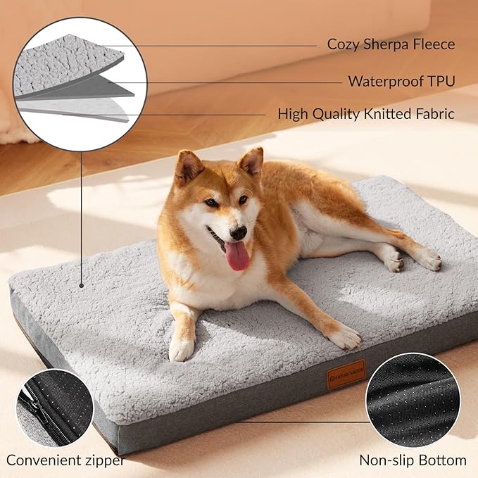 Patas Lague Orthopedic Jumbo Dog Bed for Large Sized Dog 56''X40'', Soft Waterproof Egg Crate Foam Large Pet Crate Beds Mat with Removable Washable Cover and Non-Slip Bottom, Light Grey