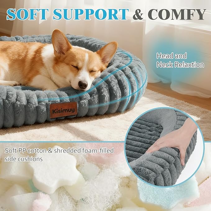 Cute Dog Bed for Extra Large Dogs, XL Washable Soft Plush Furry Calming Dog Bed with Removable Zipper Cover, Orthopedic Rectangle Anti-Anxiety Pet Kennel Bed with Handle, 43x31x5inches, Grey
