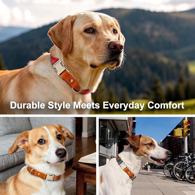 Plutus Pet Genuine Leather & Hemp Dog Collar – Adjustable Heavy Duty Pet Collar with Quick Release Metal Buckle, Soft & Stylish for Puppy and Small, Medium, Large Dogs (Copper Brown, L)