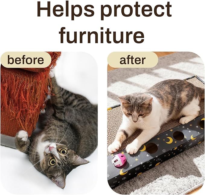 6-Pack Cat Scratcher Cardboard with 3 Box Loungers, Reversible Cat Scratching Pad Refills with Bell Toys, High Density Corrugated Scratch Board for Indoor Cats (Starry Night Design)