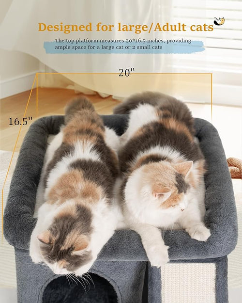 14'' Cat Tree Tower for Indoor Large Adult Cats, 20x16.5'' Big Perch Bed, Sisal Scratcher, Condo Cave for Small Medium Kittens, Dark Gray