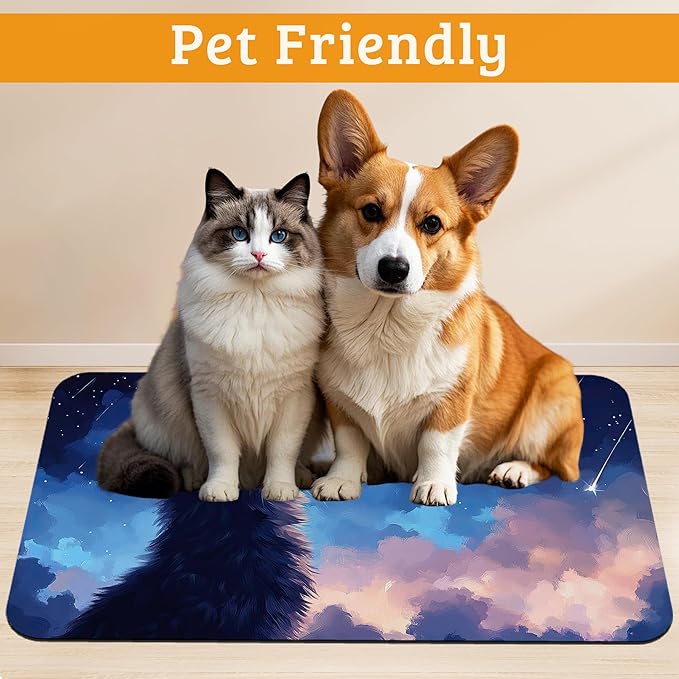 Cat Dog Food Mat,Starry Night Absorbent Pet Feeding Mat for Food and Water Bowl,Quick Dry Dog Placemat Non Slip Rubber Backing Waterproof Pet Supplies 12" x 20"