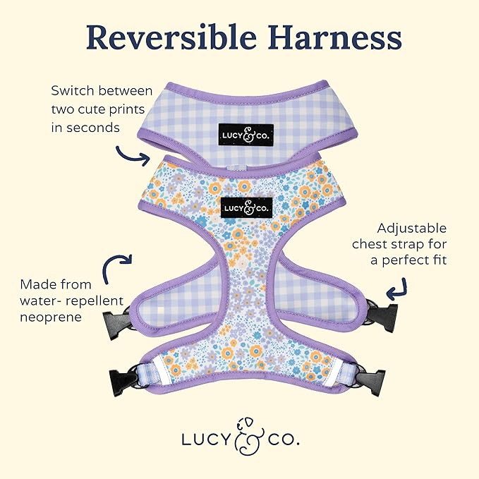 Lucy & Co. Cute Reversible Dog Harness Walking Halter - Best Designer Pet Harnesses for XS - XL Dogs - Padded Adjustable Vest for Easy Walking (Medium, Among The Wildflowers - Purple Floral)