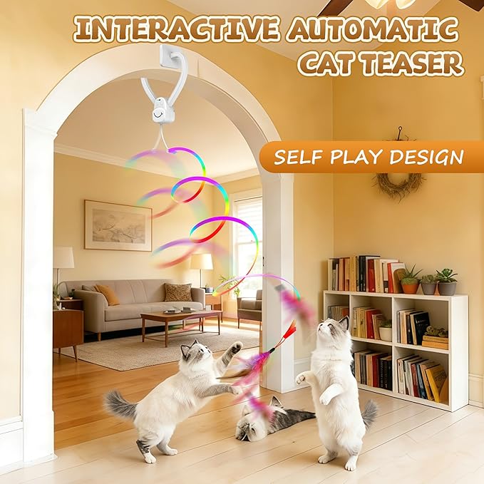 Interactive Cat Toys for Indoor Cats,Automatic Hanging Electric Cat Teaser Door Frame & Doorway,Flying Bird Feather Mouse Wand Enrichment Chase Toy,Safe Self Play for Bored Multi Cats Households