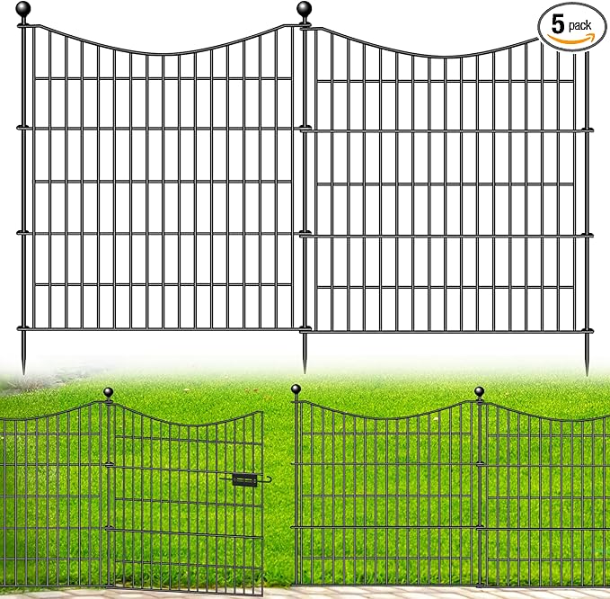 5 Panels Decorative Garden Fence with Gate, 32 in(H) X 12 ft(L) No Dig Dog Fence Animal Barrier Outdoor for Yard, Rustproof Metal Garden Edging and Borders, Temporary Fencing Stakes