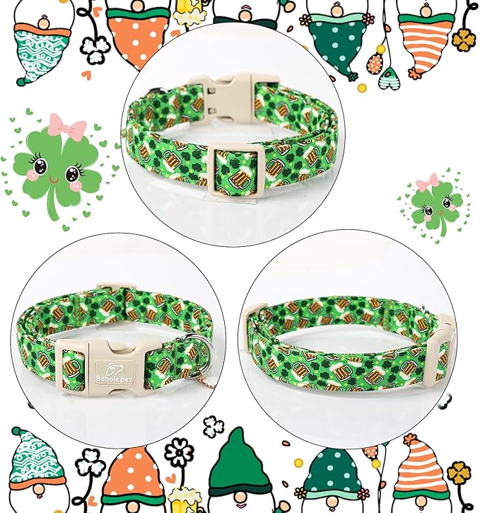 St Patricks Day Dog Collar for Medium Dogs - Green Beer Shamrock Dog Collars for Boys&Girls Dogs, Adjustable Irish Clover Puppy Collar with Quick Release Buckle M