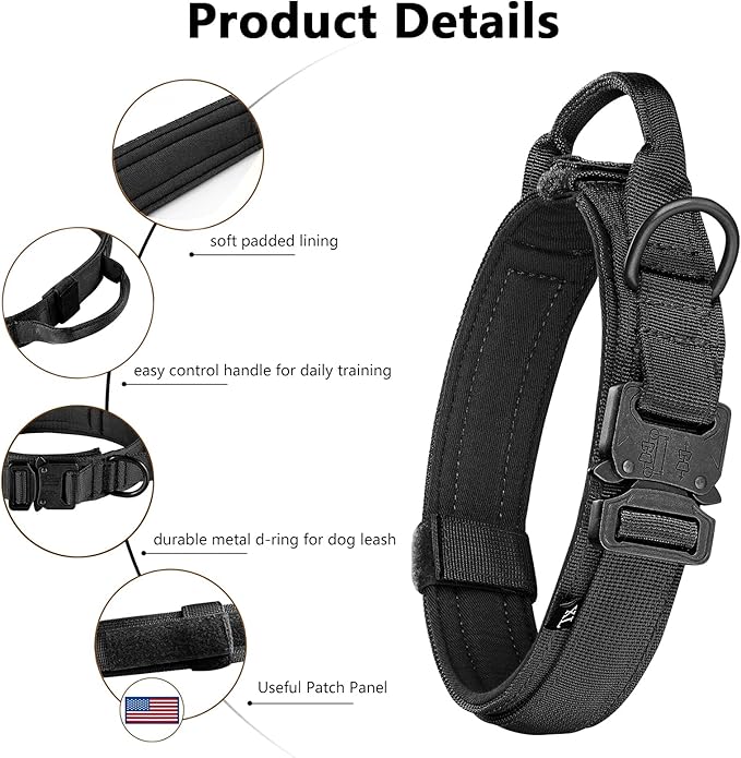DAGANXI Tactical Dog Collar Leash Set, Adjustable Military Training Nylon Dog Collar with Controll Handle and Heavy Metal Buckle for Medium and Large Dogs，with Patches and Airtags Case (XL, Black-SET)