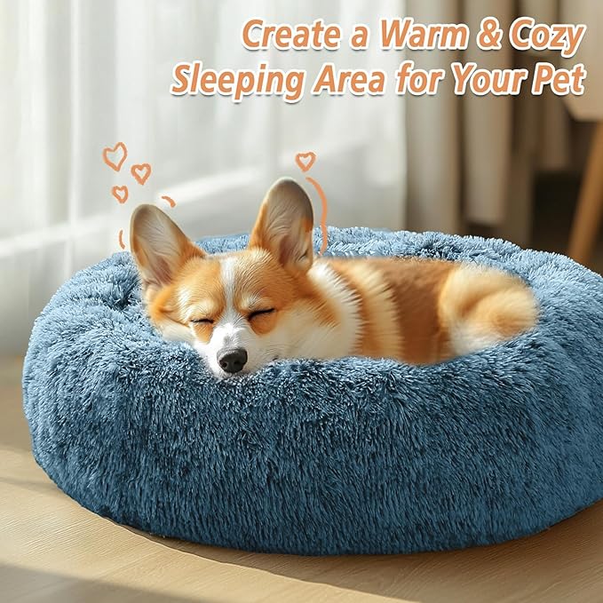 JOLLYVOGUE Calming Small Dog & Cat Bed for Indoor Cats - 20 inches Washable Donut Bed for Kittens & Puppies, Anti-Anxiety Round Fluffy Plush Pet Beds (Fits up to 15 lbs, Blue)