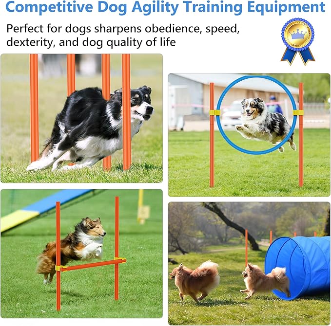 XiaZ Dog Agility Course Backyard Set, Dog Obstacle Course Training Starter Kit Pet Outdoor Game with Tunnel, Agility Hurdle, Weave Poles, Jump Ring, Pause Box, Collapsible Dog Bowls and Storage Bag