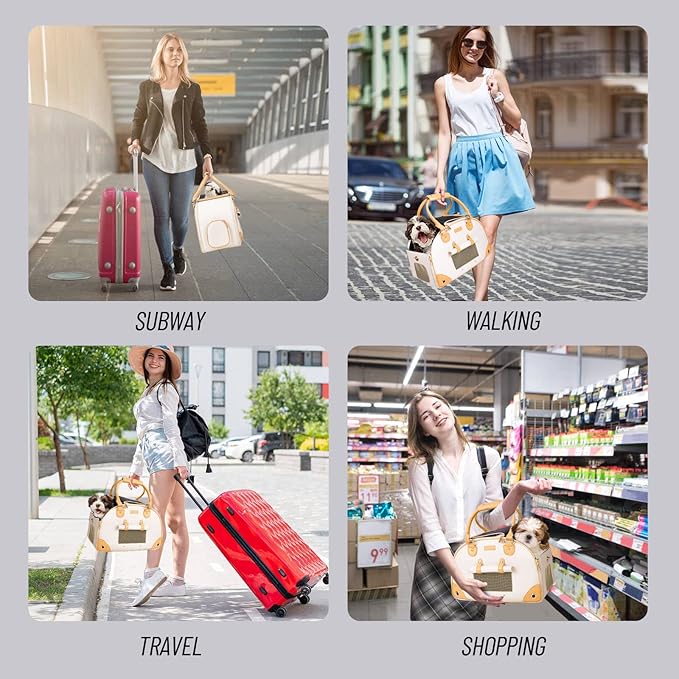 Foldable Premium PU Leather Dog Purse - Portable Pet Carrier Tote Bag for Small to Medium Cats and Dogs (Creamy White - Small)