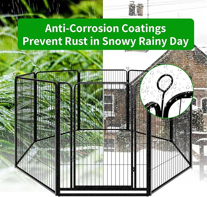 Dog Playpen Outdoor Extra Wide 8 Piece Panels Heavy Duty Dog Fence 47" Height Anti-Rust with Doors Portable for RV Camping Yard, Total 21FT, 35 Sq.ft, Snowy Black