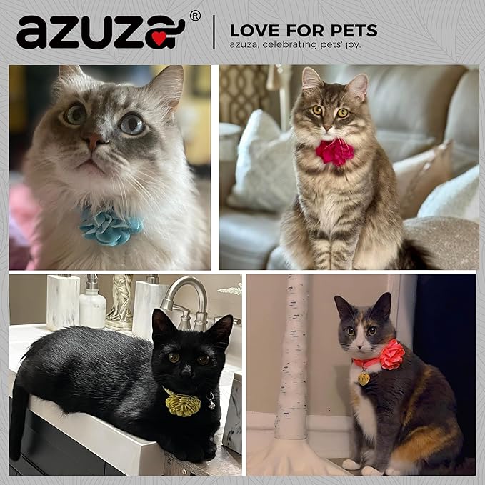 azuza 2 Pack Cat Collar Floral with Bell and Removable Flower Bowtie Breakaway Adjustable Velvet Fabric Cat Collar for Pets Festival Gift and Daily Decoration, Dark Green & Light Green