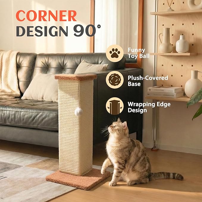 PETKARAY Couch Corner Cat Scratcher, 22.5" Sisal Scratching Post for Indoor Cats, Corner Wall Scratch Pad for Furniture Protection, Plush Base, Medium