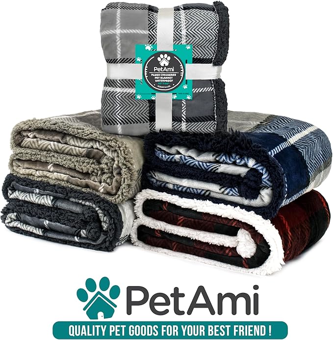 PetAmi Waterproof Dog Blanket for Small Medium Dog Puppy Cat Throw for Couch Cover Leakproof Protection, Sherpa Fleece, Reversible Soft Washable 29x40 Plaid Navy Blue
