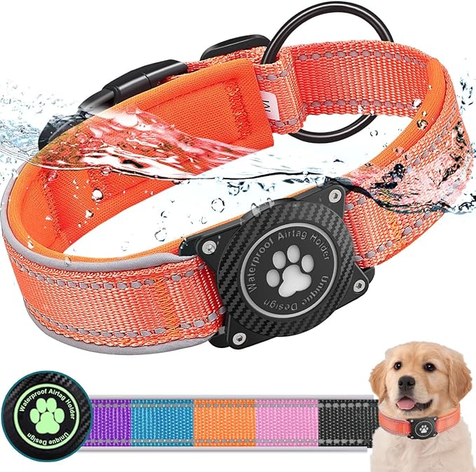 Airtag Dog Collar with Waterproof Air Tag Holder, Luminous Reflective, Soft Padded, Adjustable Nylon Pet Collar for Small Medium Large Heavy Duty Dogs,Orange, L